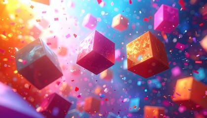 Colorful, abstract composition displays vibrant cubes floating against a soft, blurred background filled with confetti, showcasing a celebratory and festive atmosphere with dynamic light effects...