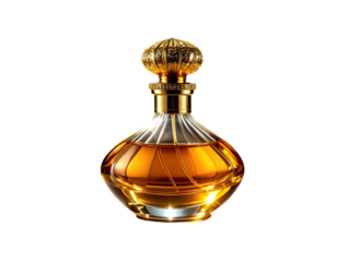 Ornate glass perfume bottle with gold accents, amber liquid against a black backdrop