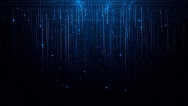 Abstract blue digital background with falling lines and particles, creating a futuristic and technological atmosphere with a sense of depth