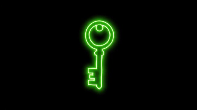 Neon Green Key on Black Background - A glowing green neon key icon is centered against a solid black background. The key's design is clearly defined with bright lines, creating a visual contrast.