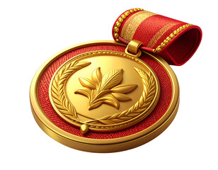 Golden Award Medal with Red Ribbon on Black. 3D Render of Achievement, Victory, Success, and Excellence Symbol. Perfect for Recognition & Championship Concepts.