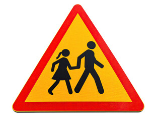 Yellow triangle road sign with a child and adult holding hands, walking
