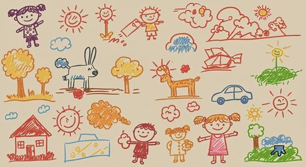 Vibrant collection of cheerful children's drawings featuring happy kids, playful animals, whimsical trees, a car, and sunny skies, perfect for educational or creative projects