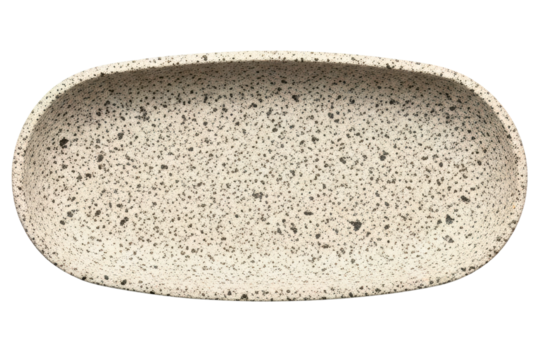 Empty speckled stoneware serving dish with an oval shape isolated with transparent background