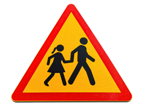 Yellow triangle road sign with a child and adult holding hands, walking