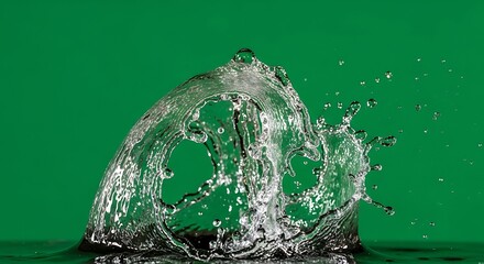 Water splash against green backdrop in studio setting, capturing motion and clarity.