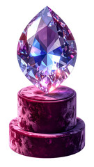 Sparkling Purple Teardrop Diamond Gemstone on Velvet Pedestal Against Black Background