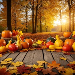 Autumn Harvest - Pumpkins and Gourds on Wooden Deck in Forest.