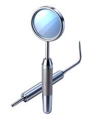 Professional Dental Mirror and Explorer Tools. High-Quality 3D Render of Dentist Instruments for Oral Health and Hygiene on Black Background.