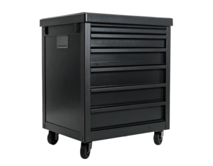 Black metal toolbox with multiple drawers on wheels, likely for tools
