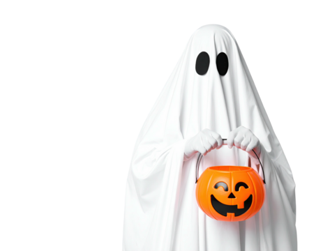 A person in a sheet ghost costume holding a jack-o-lantern bucket - Powered by Adobe