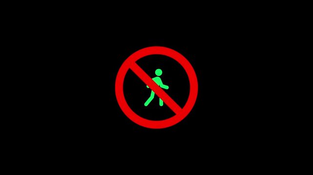 Red Circle With Diagonal Line Over Green Pedestrian Symbol On Black Background Keywords: no pedestrians, walking, pedestrian