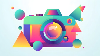 Dynamic digital camera illustration in bright, abstract geometric shapes, capturing the essence of modern photography and creative expression with a vibrant gradient design