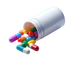 Vibrant Assortment of Colorful Pills and Capsules Spilling from White Bottle - Healthcare & Pharmaceutical 3D Render