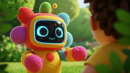 Colorful robot interacting with child outdoors
