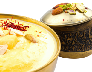 Creamy dessert in a gold bowl, topped with nuts and saffron, next to a decorative pot