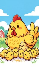 Cartoon Hen and Chicks - A Heartwarming Farm Scene Illustration.