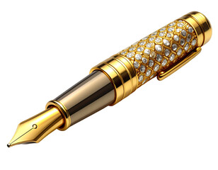 Luxurious Diamond and Gold Fountain Pen on Black Background – Elegant Writing Instrument for Success, Wealth, and High-End Business