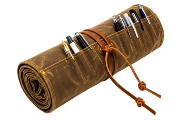 Brown waxed canvas artist pen roll organizer with a leather tie isolated with transparent background