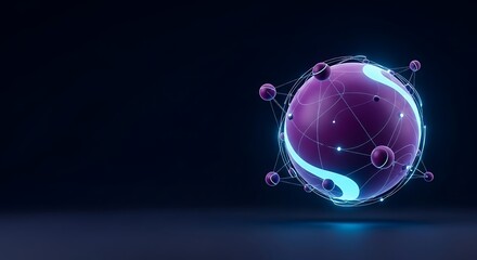 Abstract glowing sphere with connected particles on a dark background.