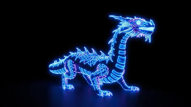 Glowing Blue Dragon Silhouette - A 3D video of a dragon outlined with glowing blue neon lights on a black background. The fantasy creature is illuminated, creating a striking visual effect.
