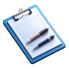 Blue Clipboard with Blank Lined Paper and Two Professional Pens - 3D Render for Business, Documentation, Surveys, Forms, and Office Organization
