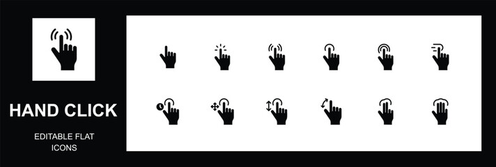 gesture hand flat icon set. Simple icons with hand using smartphone, sign fingers touch, click, zoom, rotate, tap display. Editable flat. Vector illustration