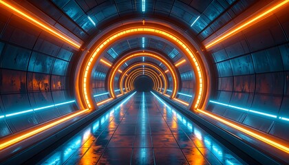Futuristic tunnel lit by orange and blue neon lights