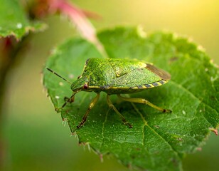 Close-up photo captures a vibrant green insect, a shield bug, perched on a textured, green leaf with a blurred background