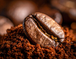 Close-up of a single roasted coffee bean resting on a bed of ground coffee, with more beans blurred in the background.