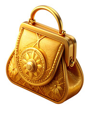 Opulent Golden Vintage Purse on Black Background. Ornate Luxury Handbag with Detailed Embossed Patterns, Symbolizing Wealth, Elegance, and High Fashion.