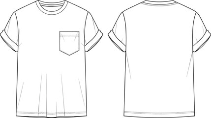 Casual t shirt template, rolled sleeve fashion, chest pocket design, short sleeve apparel, front back view, blank garment sketch, technical illustration