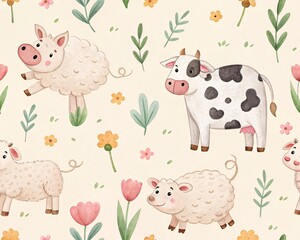 Charming Farm Friends Watercolor Seamless Pattern with Adorable Animals and Spring Blooms