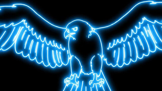 Neon Eagle Silhouette - A neon blue outline of an eagle with outstretched wings glows against a black background.