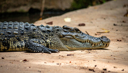 Obraz premium A close-up shot of a crocodile resting on sandy ground.