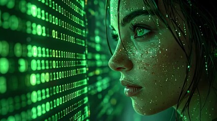 Woman immersed in digital code, face illuminated by green binary data stream. - Powered by Adobe