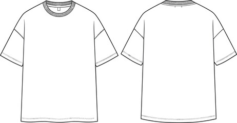 Women’s relaxed‑fit T‑shirt technical flat sketch, fashion design template, garment construction drawing, apparel illustration with dropped shoulders, ribbed collar, front and back