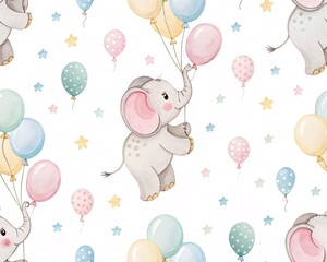Adorable Baby Elephants Floating Upwards with Colorful Balloons and Twinkling Stars a Whimsical Nursery Pattern