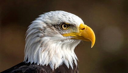 Obraz premium Profile portrait of a majestic bald eagle, showcasing its white head, yellow beak, and intense gaze against a blurred backdrop