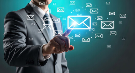 Email Marketing Strategy: Businessman Taps Glowing Envelope Icon for Digital Communication and Newsletter Subscription on Virtual Interface