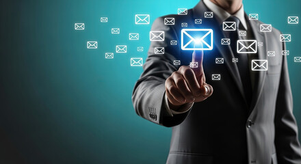 Businessman Touching Email Icon on Virtual Screen - Modern Communication and Digital Marketing Concept. Sending Messages and Connecting Online Globally.