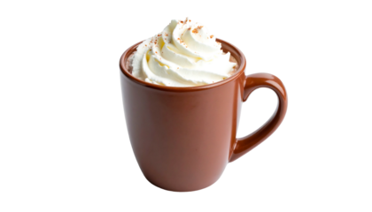 Hot Chocolate with Whipped Cream in Brown Mug.