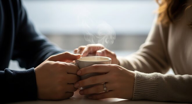 Couples hands holding a steaming cup of coffee, symbolizing warmth, comfort, and togetherness in a cozy setting.