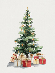 a beautiful watercolor Christmas tree with presents, soft tone, winter vibes.