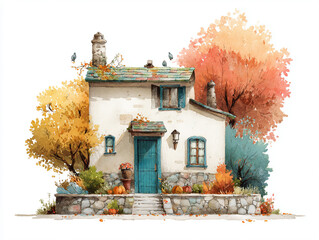 Watercolor Cottage in Autumn, cute, children book illustration.