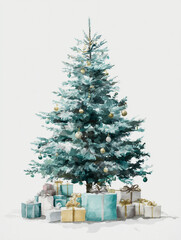 a beautiful watercolor Christmas tree with presents, soft tone, winter vibes.