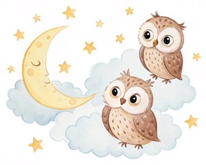 Adorable Cute Little Owls Nestled Amongst Fluffy Clouds Beneath A Smiling Crescent Moon And Twinkling Yellow Stars Under A Dark Night Sky