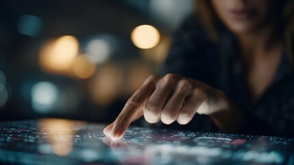 A person s finger interacts with a glowing digital interface symbolizing data analysis and future technology