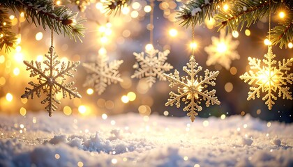 Festive snowflakes on snow with lights