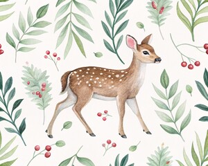 Enchanting Forest Dweller A Whimsical Watercolor Pattern of a Spotted Fawn Amidst Lush Greenery and Red Berries